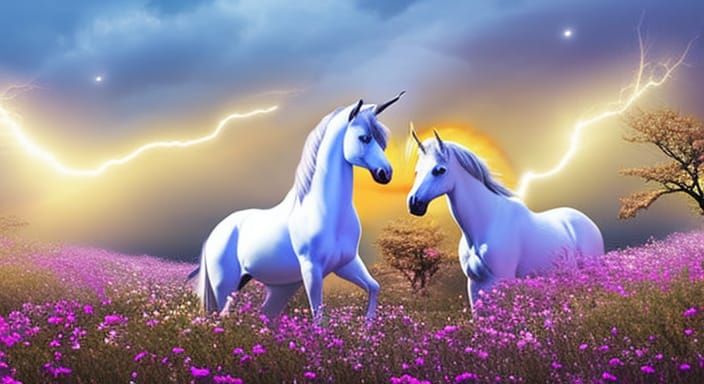Majestic Unicorns in Love Under Lightning Sky