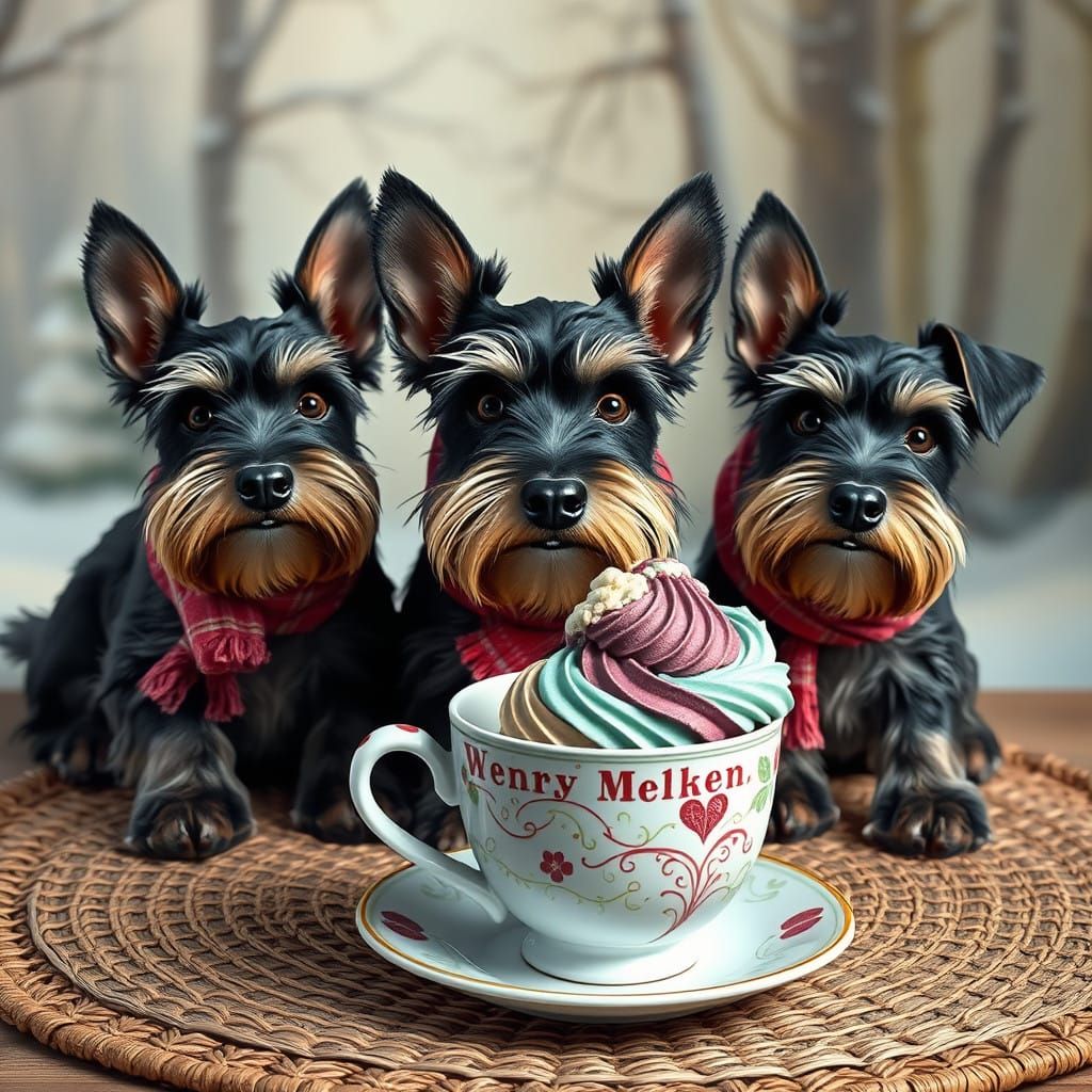 Three Schnauzers Adorned with Festive Scarves Enjoy Colorful...