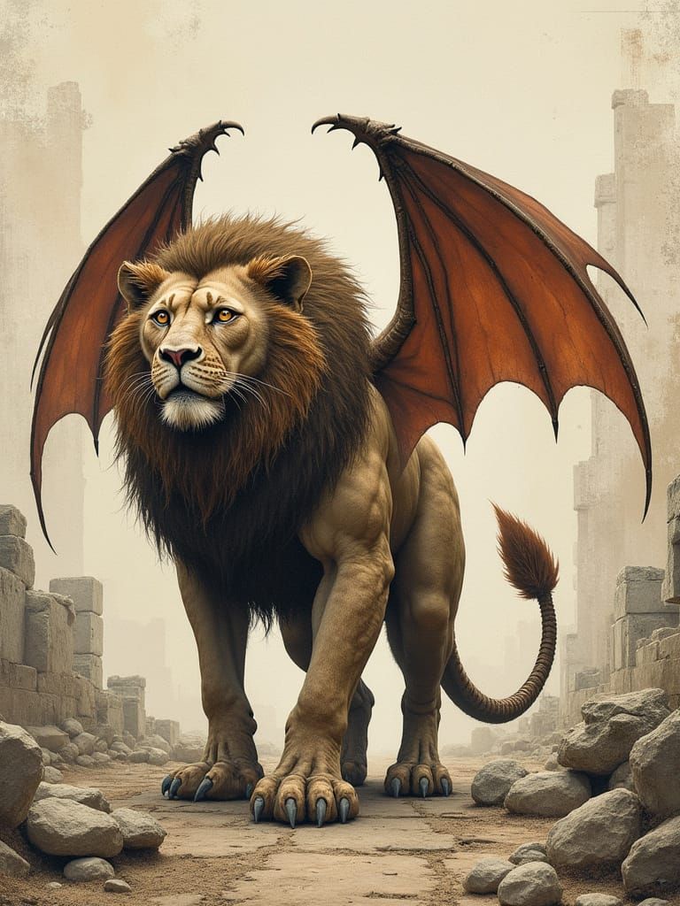 Majestic Manticore Emerges from Ancient Ruins in Realistic D...