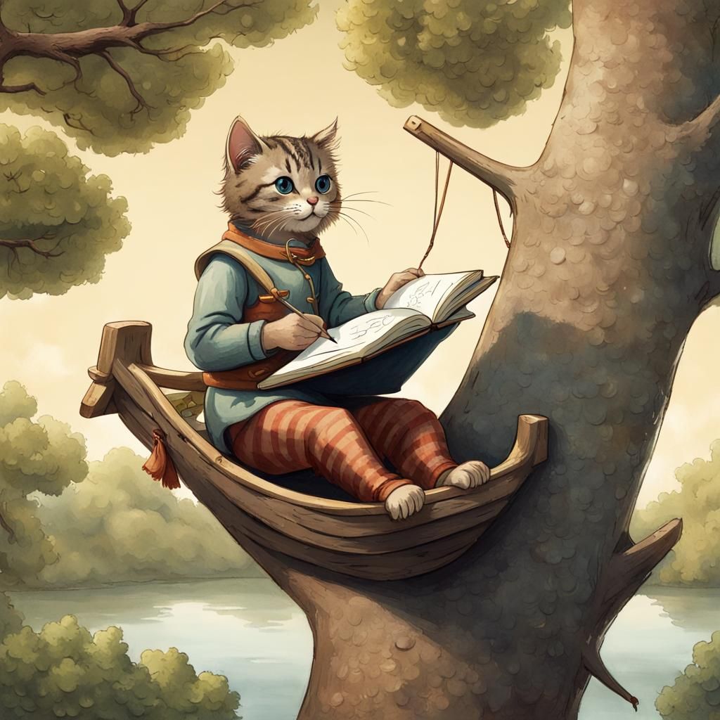 Anthropomorphic Cat Journaling on Turtle Boat Treetop