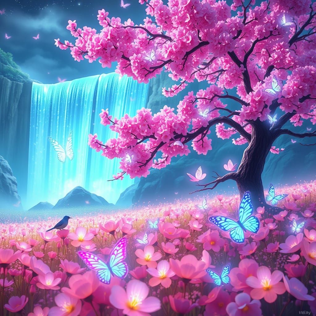 Bioluminescent Cherry Blossom Field with Anime Style Waterfa...