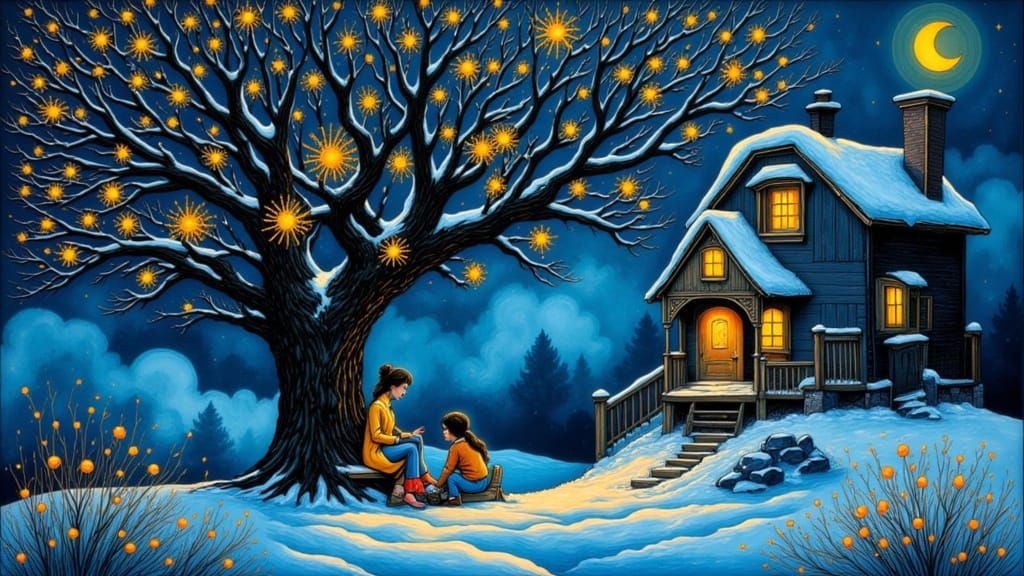 <lora:Lora mon imagination:1.0> Un magnifique vitrail aux couleurs douces dépeignant un paysage hivernal, avec une femme...