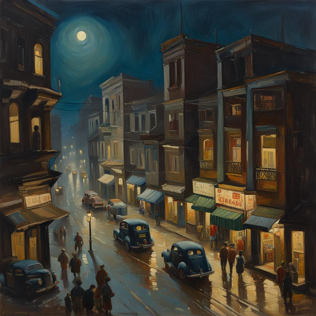 1940s Cityscape at Night in Oil Painting Style