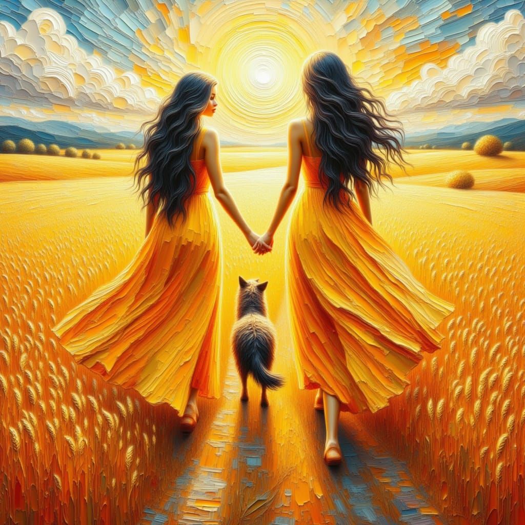 Woman and Dog in Wheat Field, Impasto Oil Painting