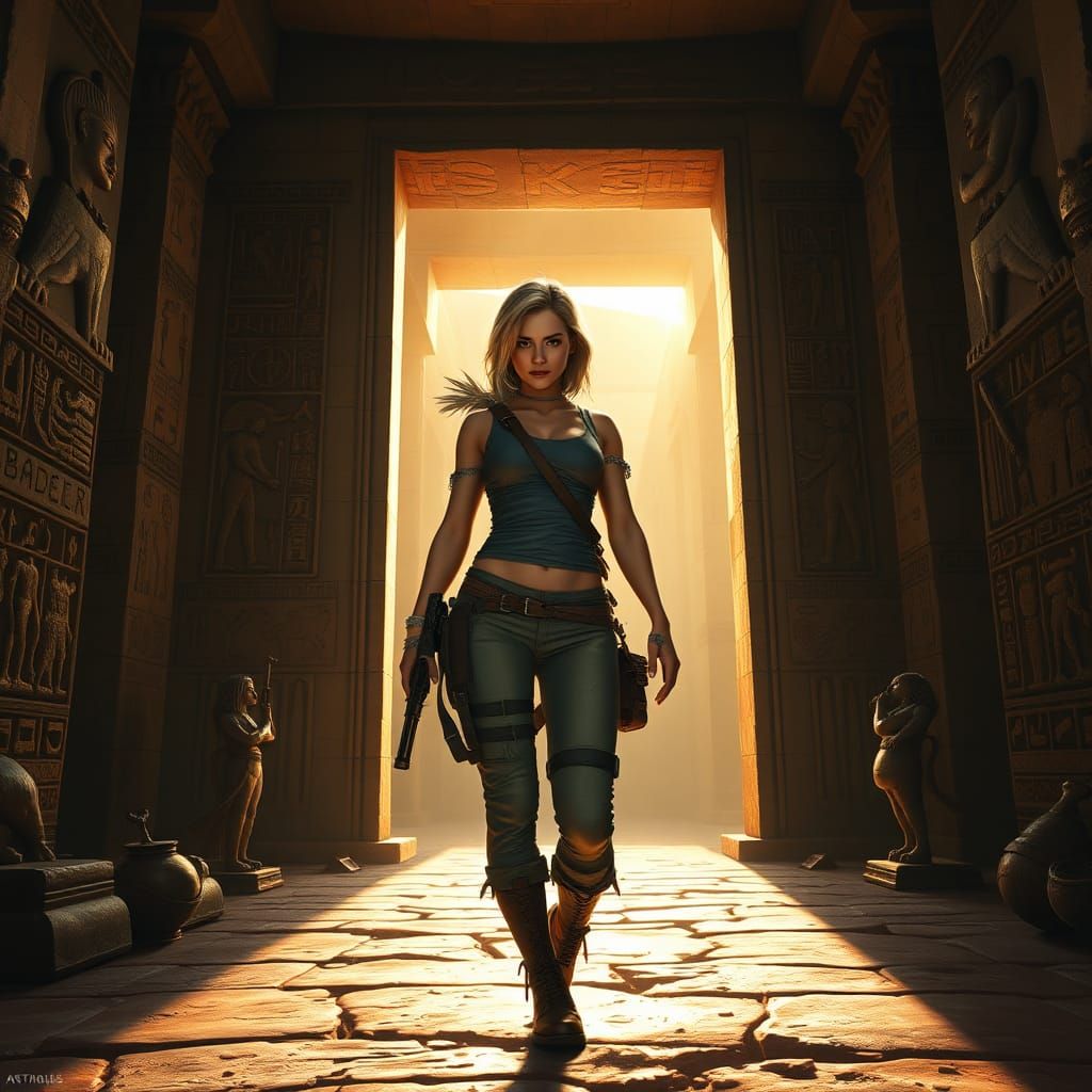 Blonde Adventurer at Ancient Egypt Temple Entrance