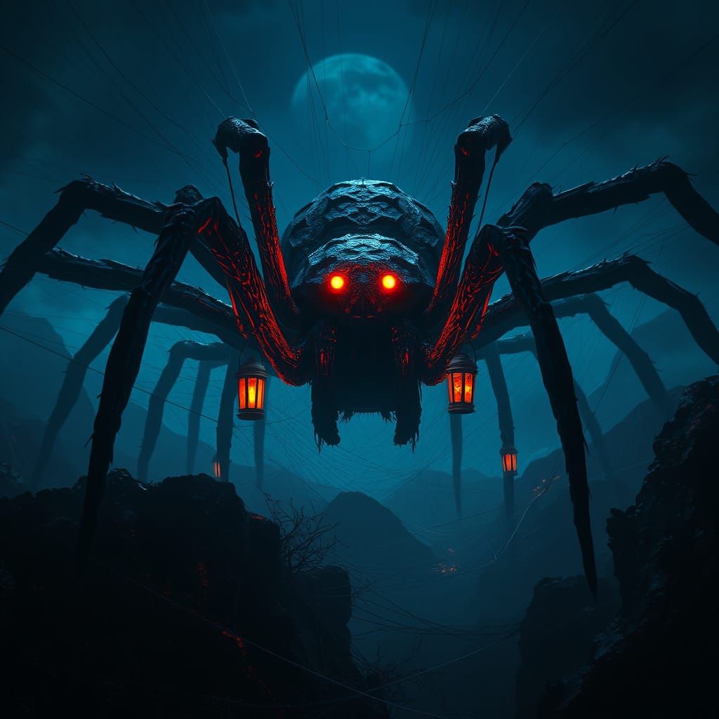 Dark Fantasy Spider Landscape in Bold Blues and Oranges