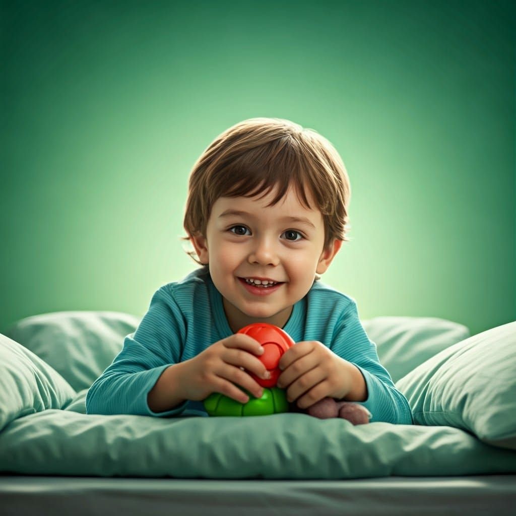 Smiling Kid with Toys in Cozy Bed