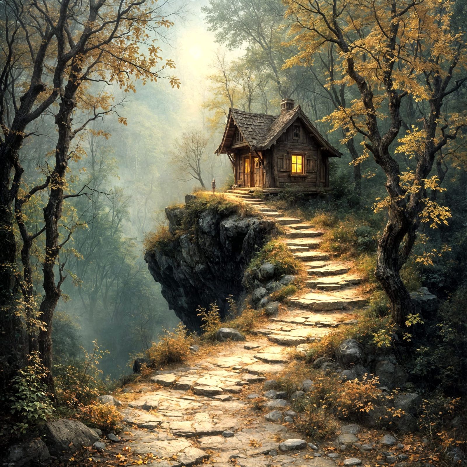 Whimsical Autumn Night Scene with Smoking Hut