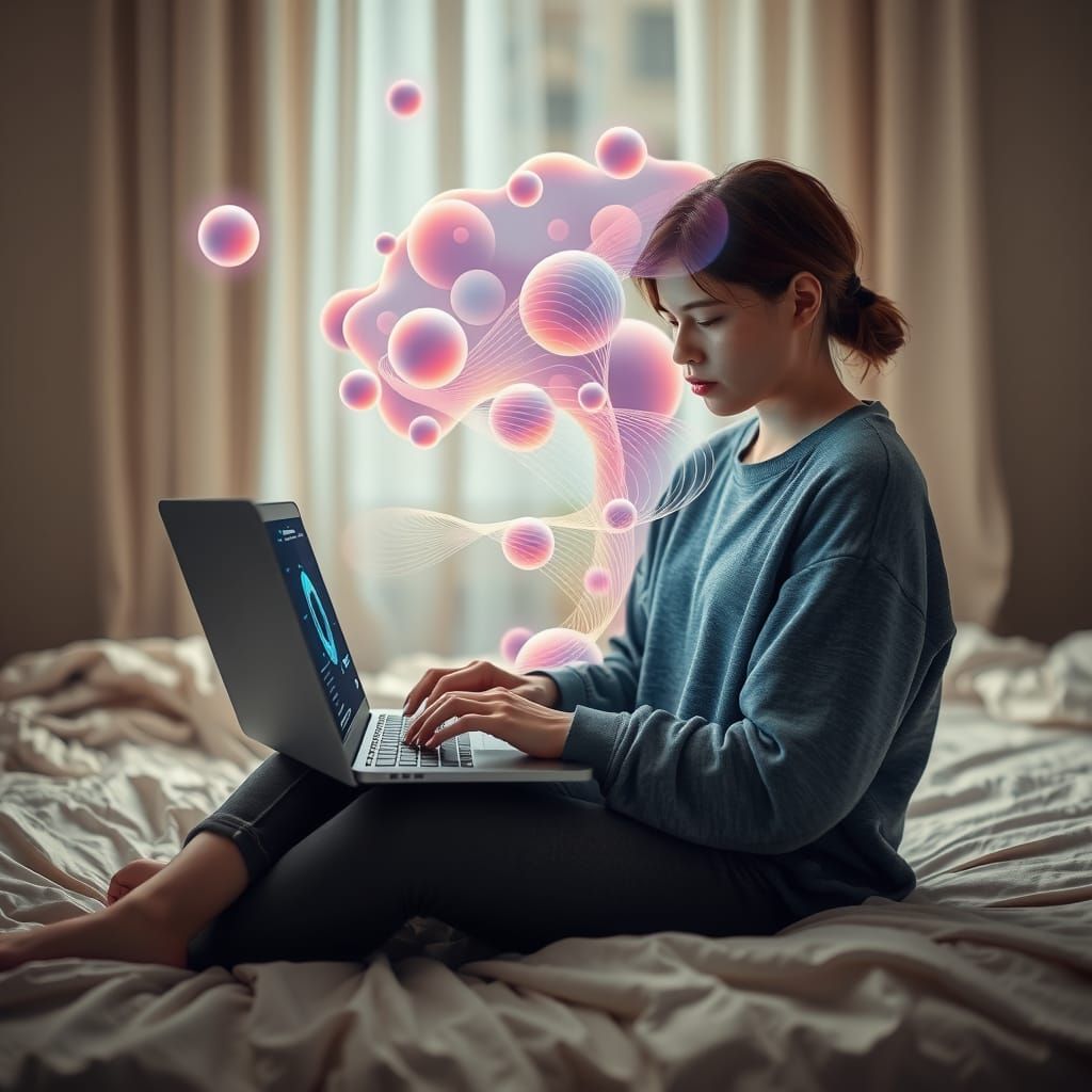 Young Woman Creating AI Art in Dreamlike Style