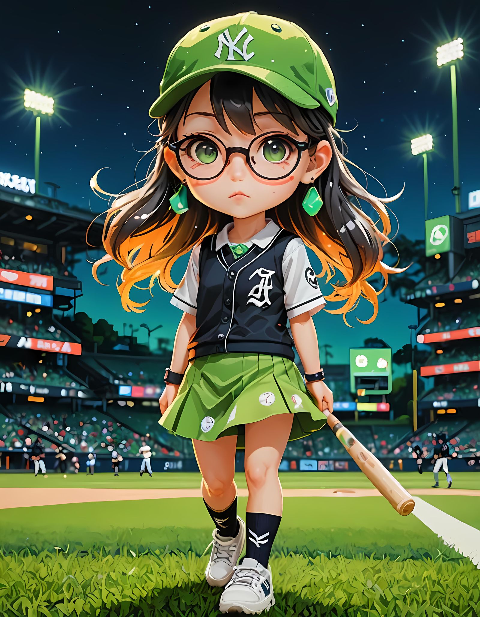 Anime Chibi Baseball Girl with Neon Accents