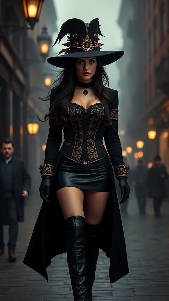Steampunk Victorian Woman Strolls Foggy City Streets
