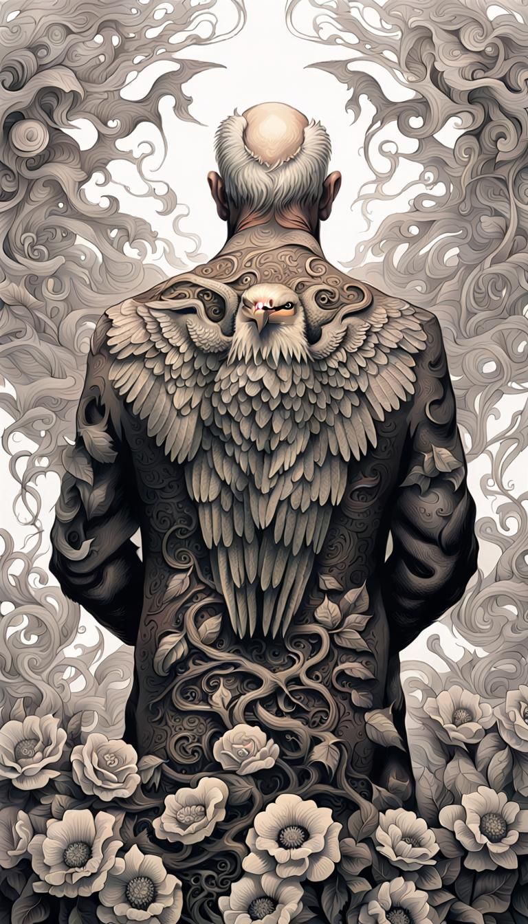 Tattooed Old Man: Hyperrealistic Gothic Horror Illustration