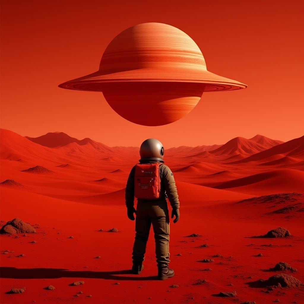 Astronaut on Barren Planet with Ringed Gas Giant