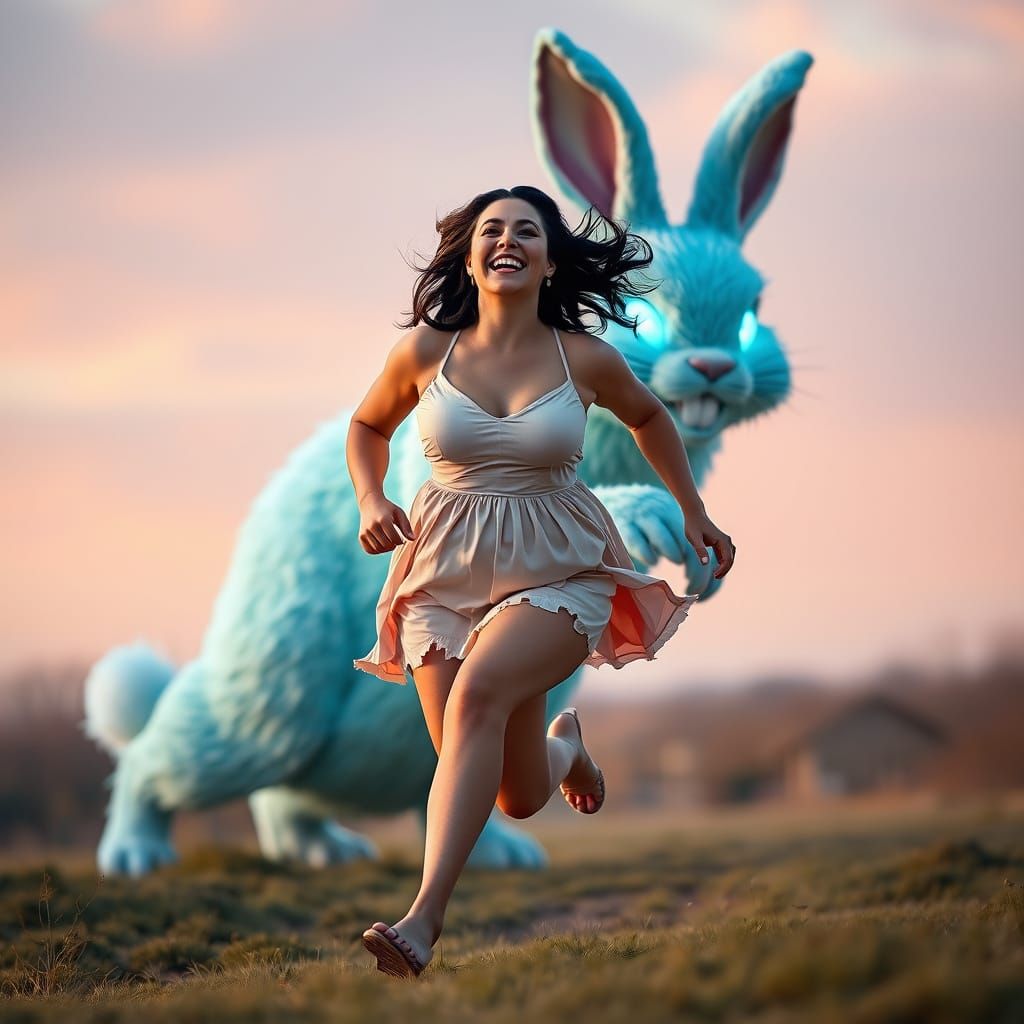 Surreal Woman Fleeing Electric Blue Easter Bunny in Vibrant ...