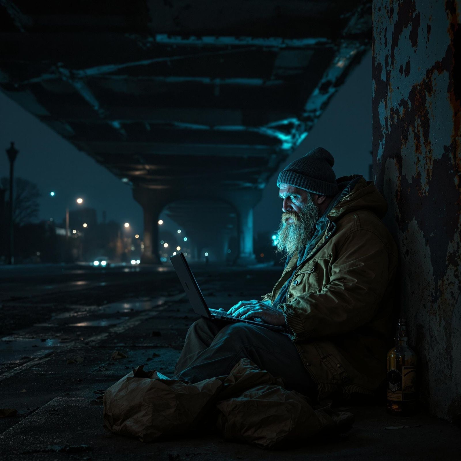 Gritty Hobo Under Neglected Bridge in Moody, High-Contrast A...