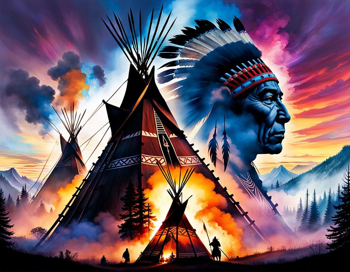 (Double exposure silhouette of a Native American War Chief