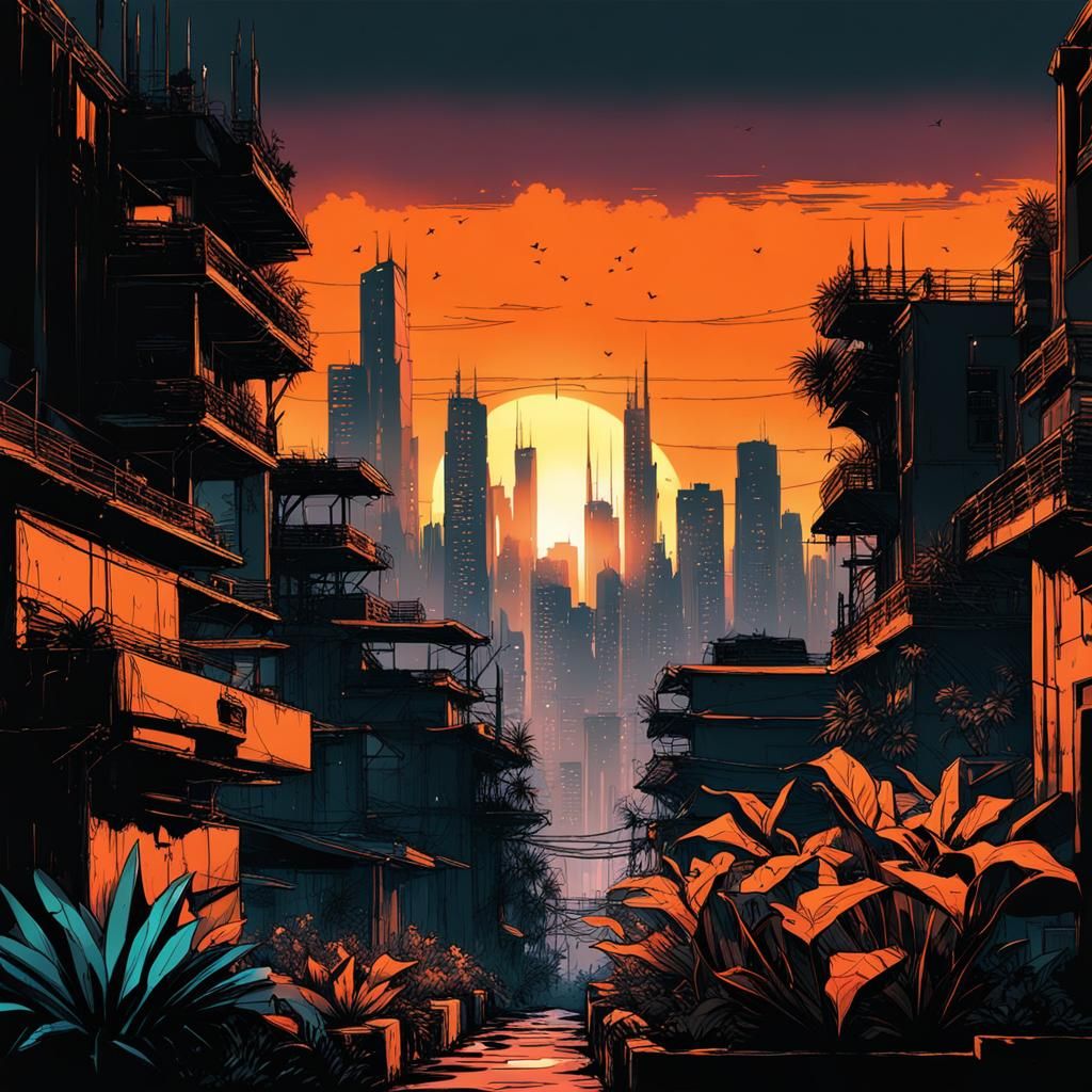Gotham City Garden: Cyberpunk Sunset Silhouette