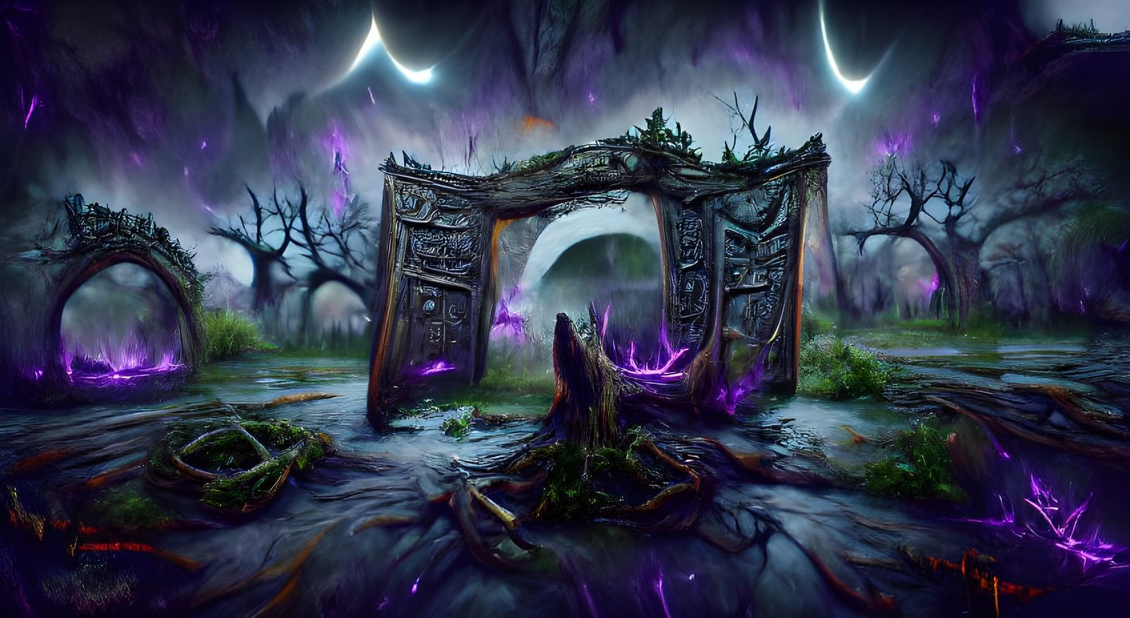 Occult Portal with Magic Runes in Grim Swamp