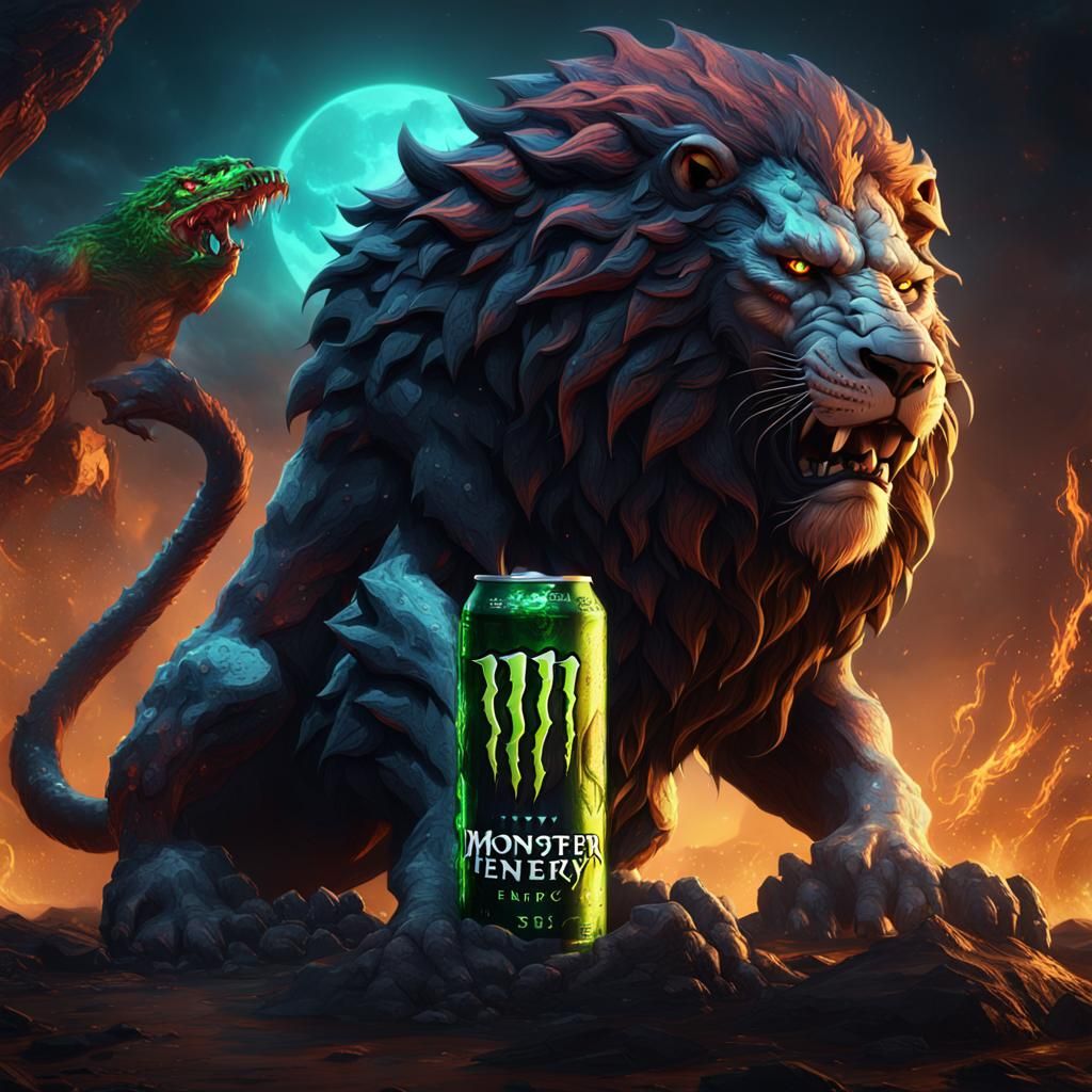 Lion Drinks Monster Energy: Detailed Fantasy Art