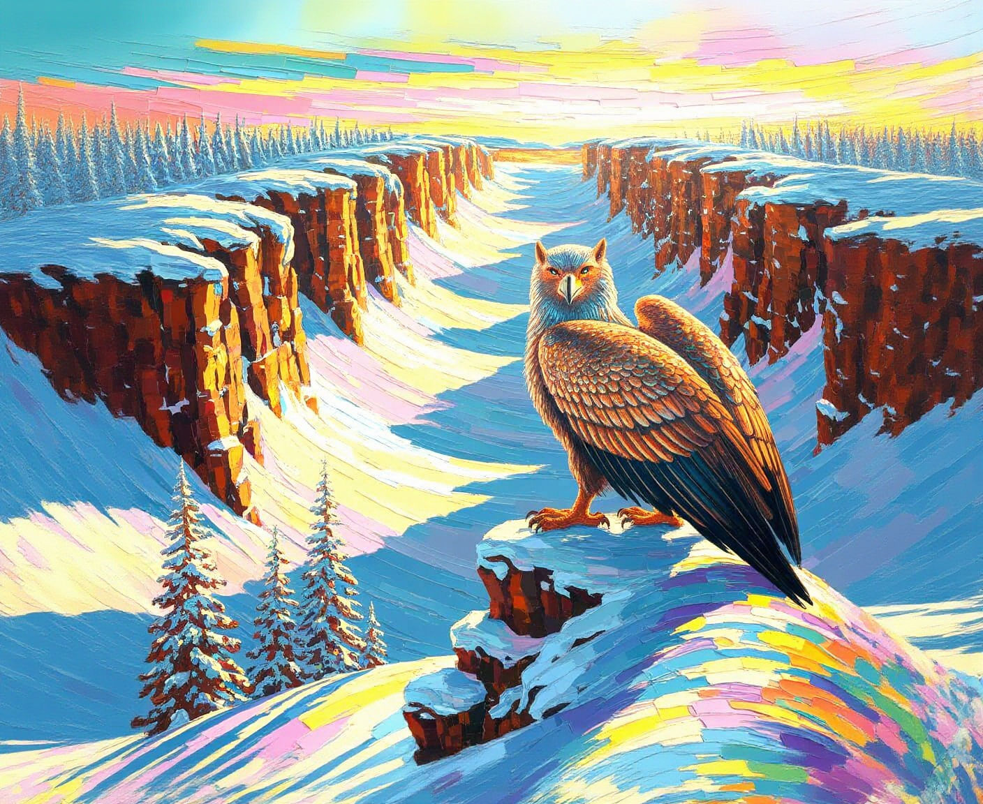 Griffin Perched Atop Snowy Mountain in Expressionist Style