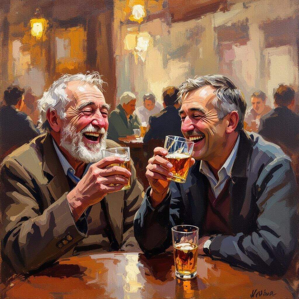 Drunk Old Men Laughing in Bustling Cafe Oil Painting