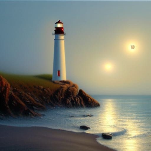 Moonlit Sunset Lighthouse in Oil Painting Style