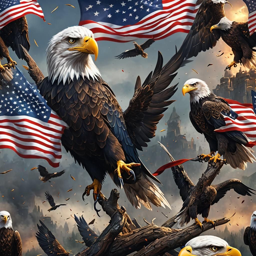 Bald Eagle with American Flag: Detailed Matte Painting