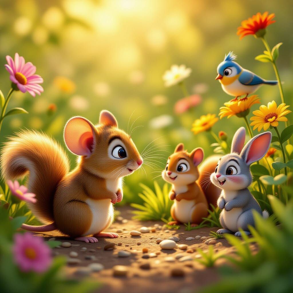 Pixar-Inspired Garden Scene with Timid Mouse