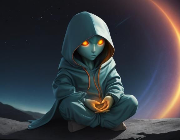 Hooded Alien Meditating Under Blue Starry Sky