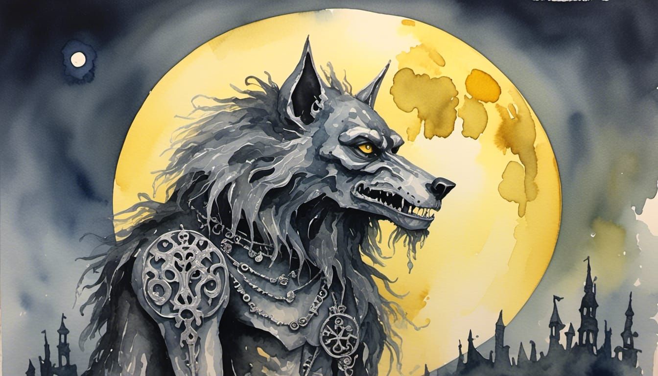 Anthropomorphic Werewolf Portrait Under Yellow Moon