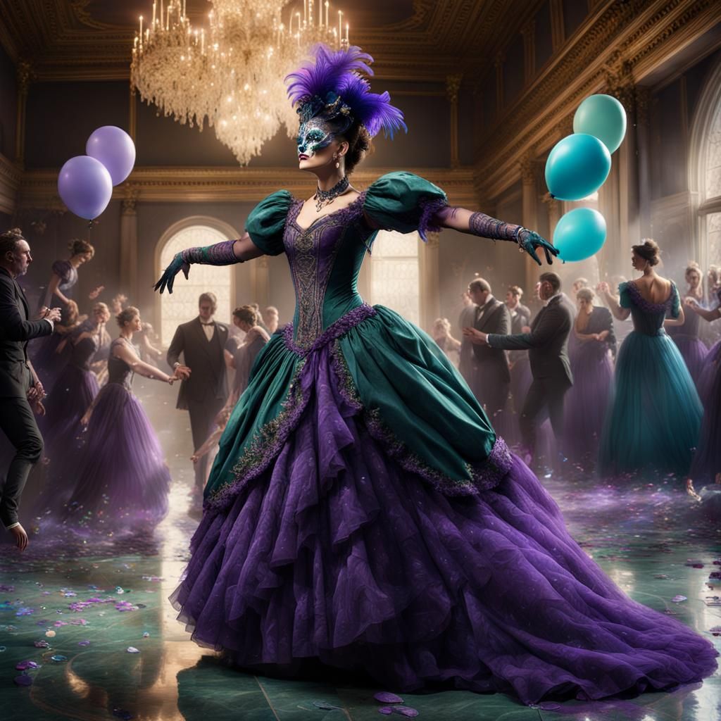 Victorian Masquerade Dancer in Elaborate Ballroom