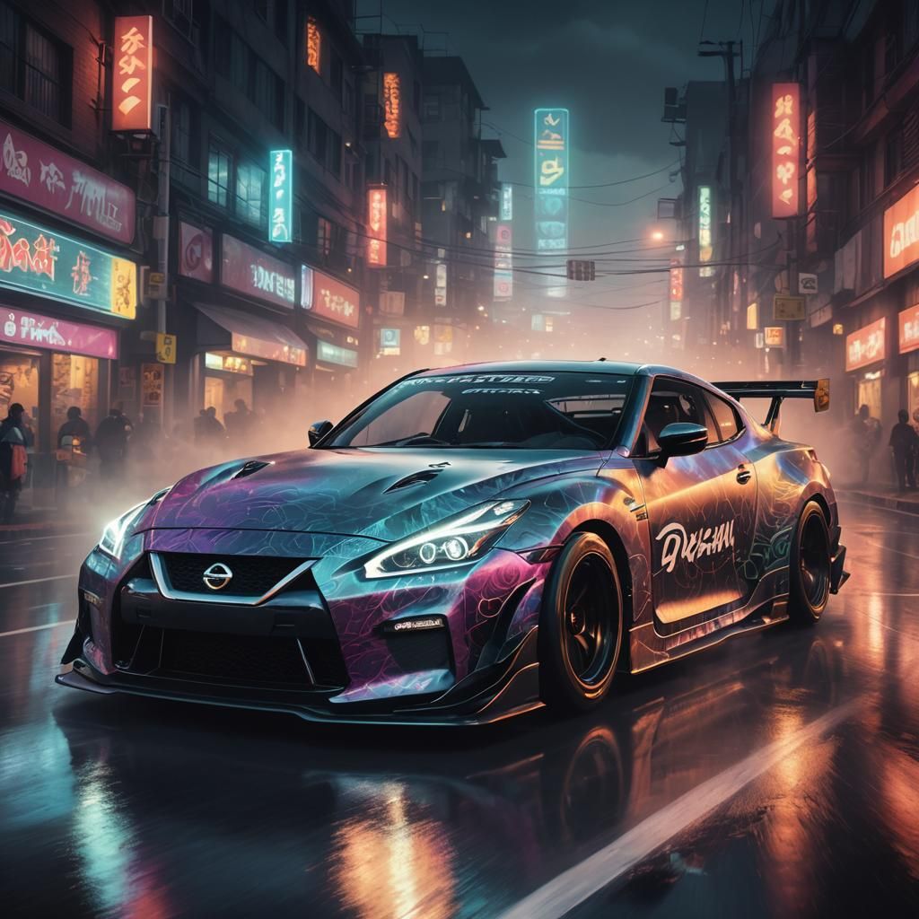 Neon Nissan Drift Car in Misty Mountain Pass