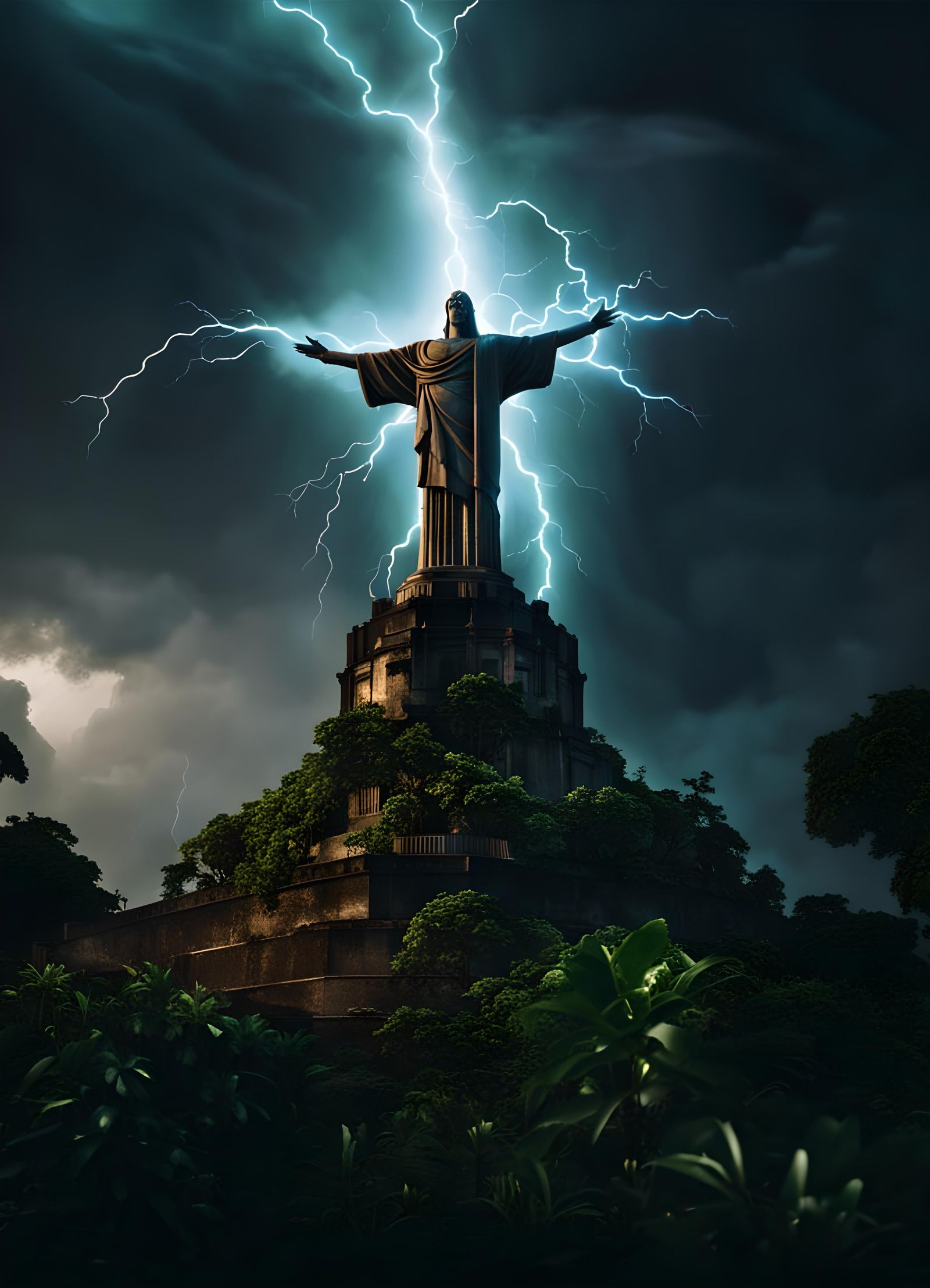 Brazilian Christ Redeemer in Electric Storm, Dark Fantasy Ar...
