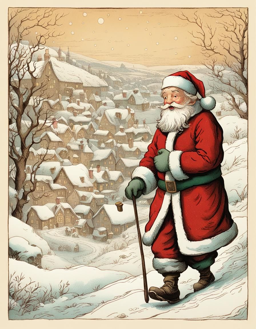 Whimsical Christmas Santa Claus in Vintage Illustration Styl...