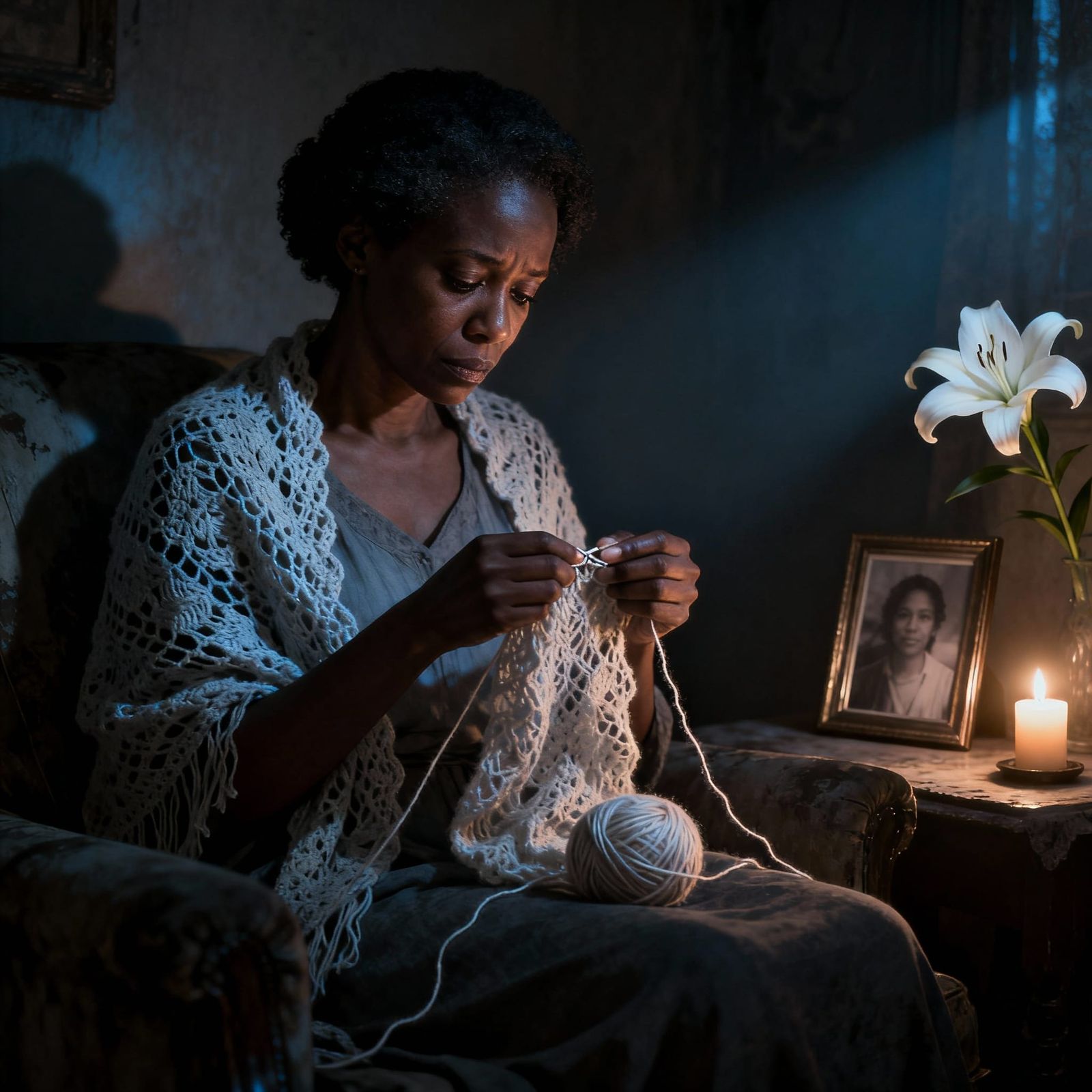 Grieving Woman Knits in Shadowy Room