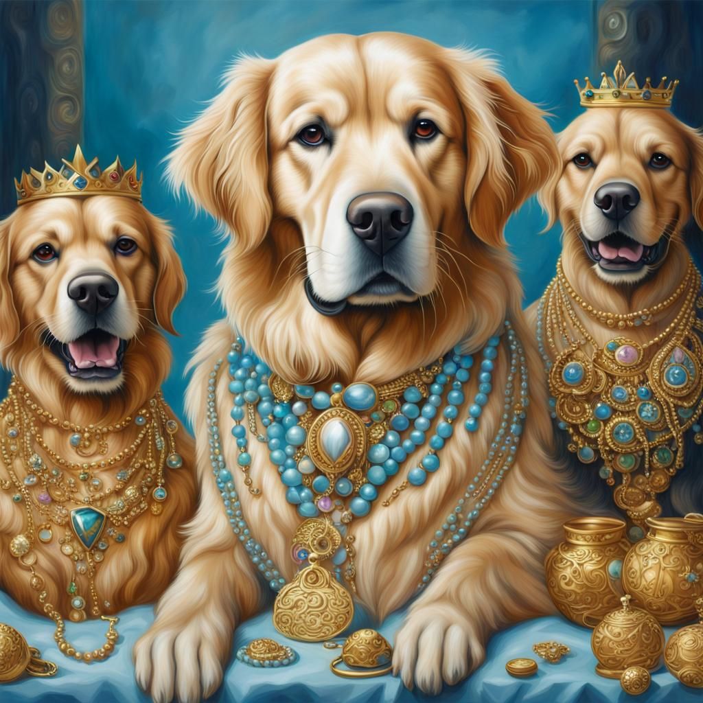 Golden Retriever King with Jewels in Hyperrealism