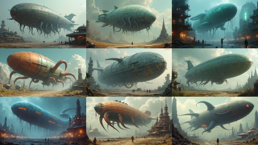 Zeppelin-Kraken Hybrid Approaches Futuristic Airfield