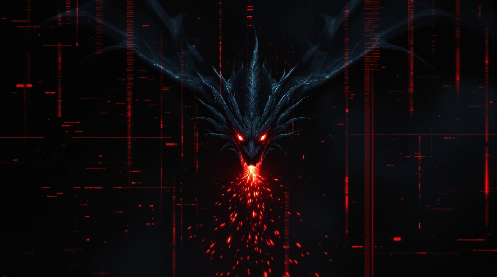 Glowing Red Eyes of a Black Dragon in Flight