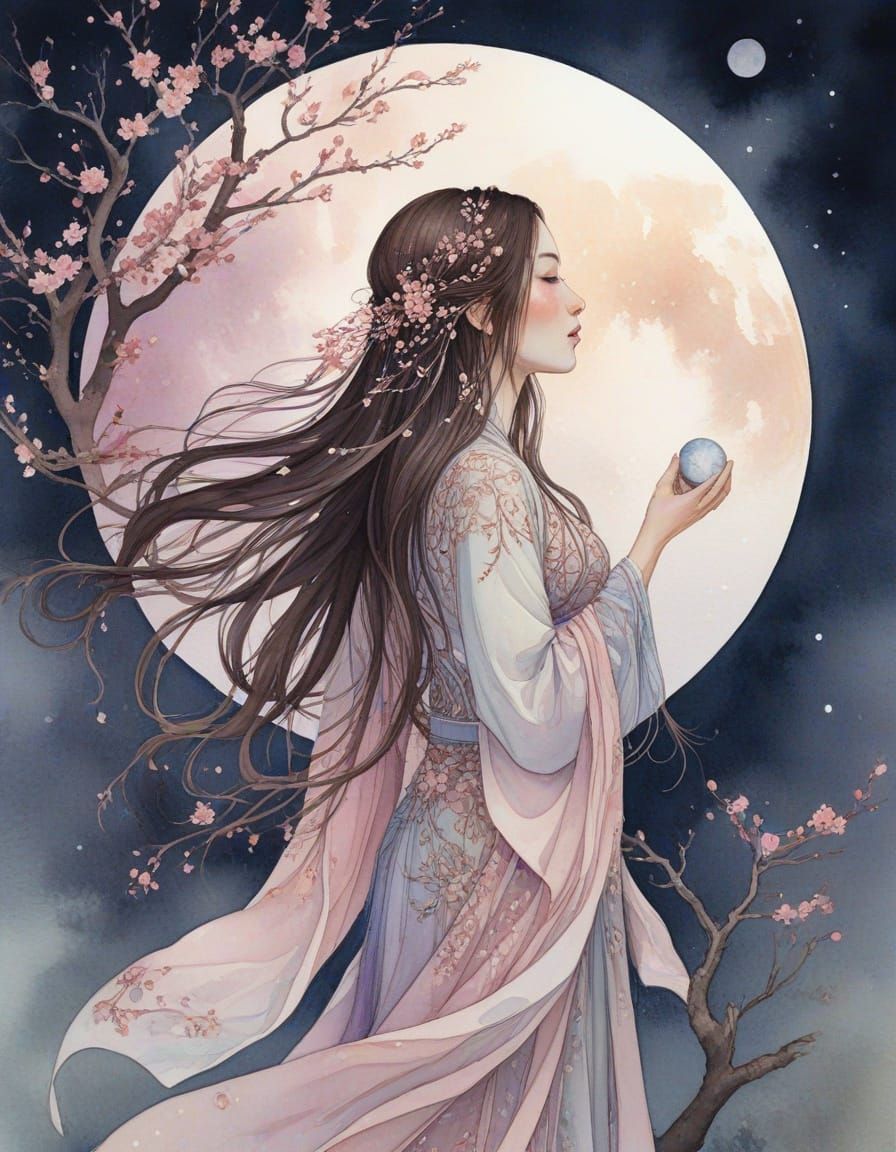 Watercolor Woman with Plum Blossoms Under Moon