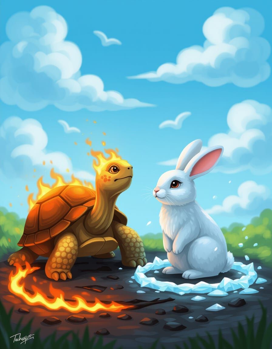 Fire Tortoise and Ice Rabbit Best Friends Watching Clouds