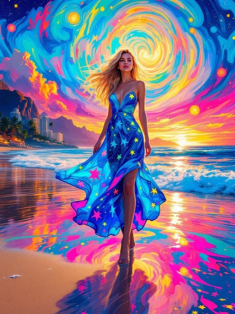 Woman on Dreamlike Beach in Post-Impressionist Style