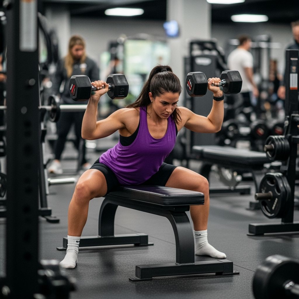 Woman Performing Dumbbell Press in Busy Gym
