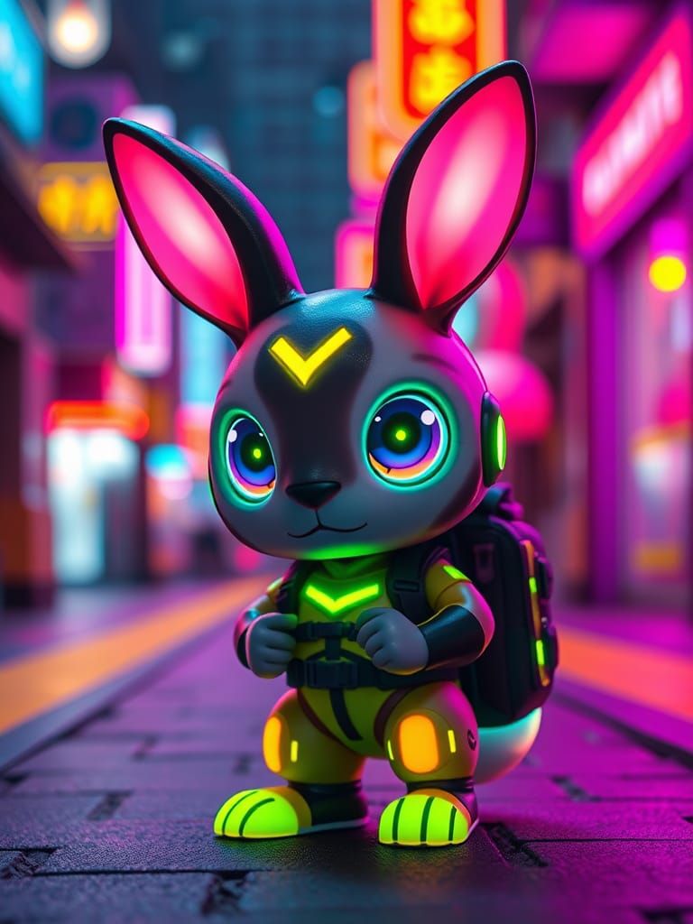 Fluorescent Chibi Symbiote Bunny in Cyberpunk Style
