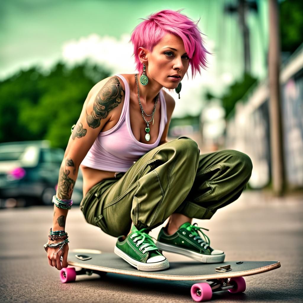Hyperrealistic Skater Girl with Pink Hair