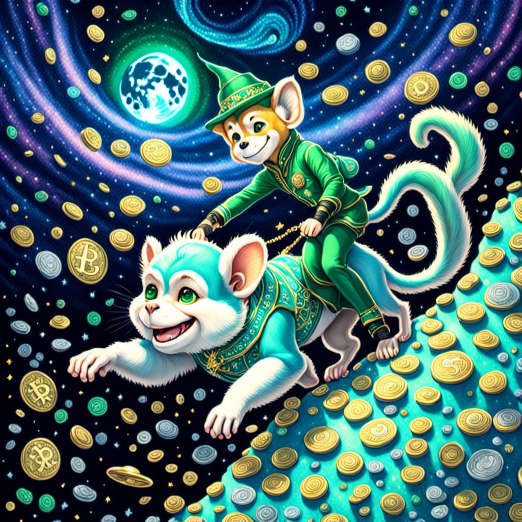 Cartoon Monkey Collecting Dogecoin Cryptocurrency Tokens