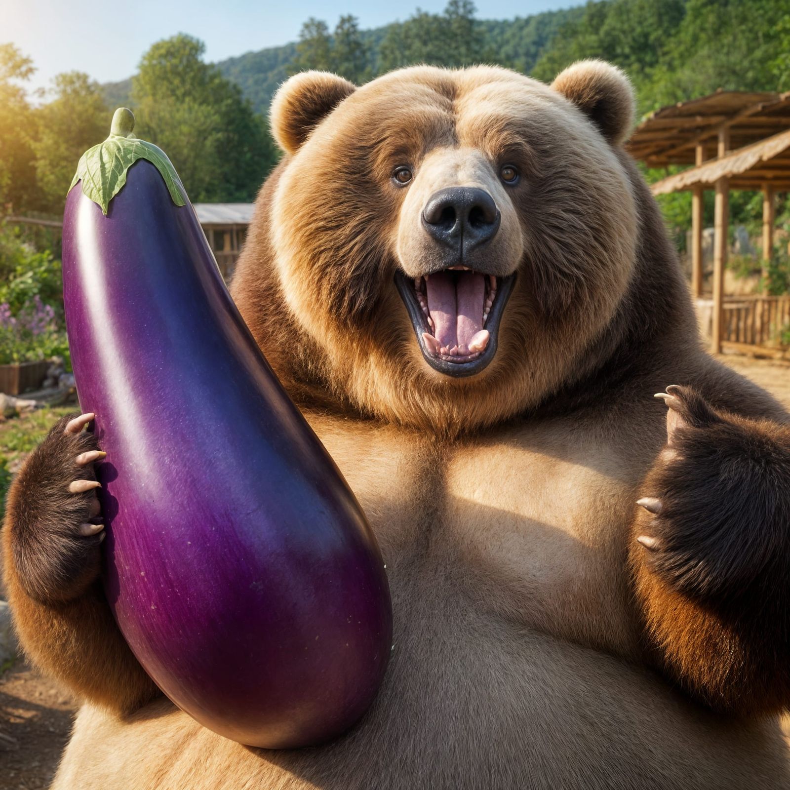 Sarcastic Kodiak Bear with Eggplant in Garden