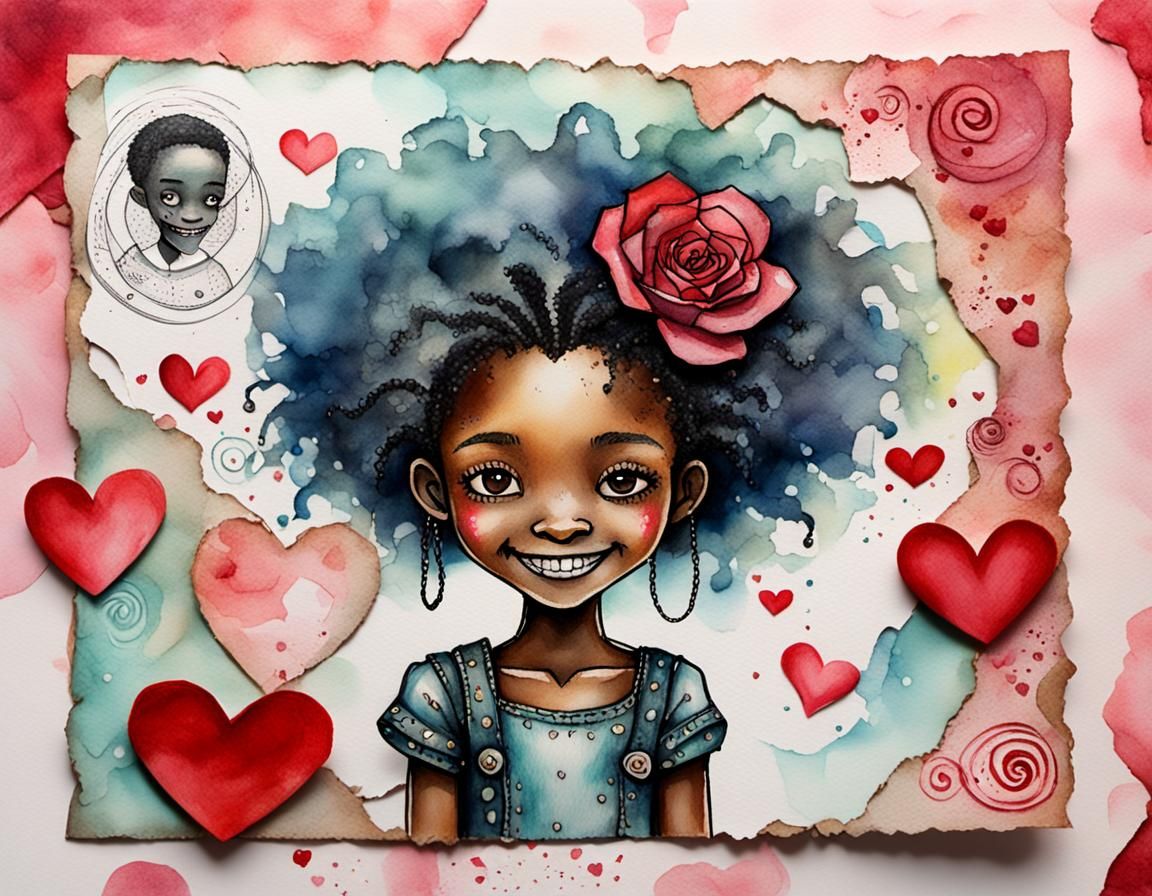 Melanin Cyborg Valentine in Kawaii Pastel Watercolor