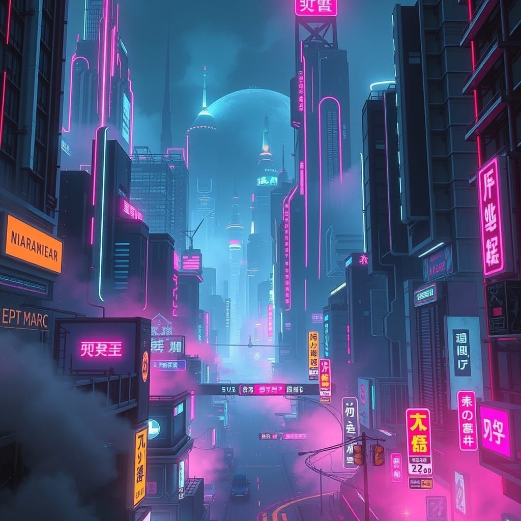 Futuristic Cityscape in Neon Lights and Misty Atmosphere