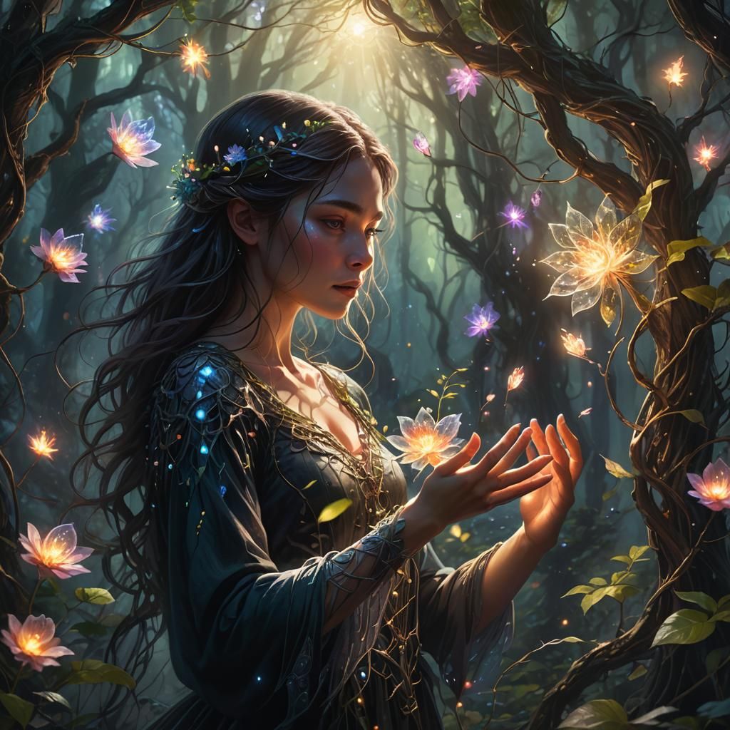 Mystical Forest Scene with Crystalline Flower in Dark Fantas...