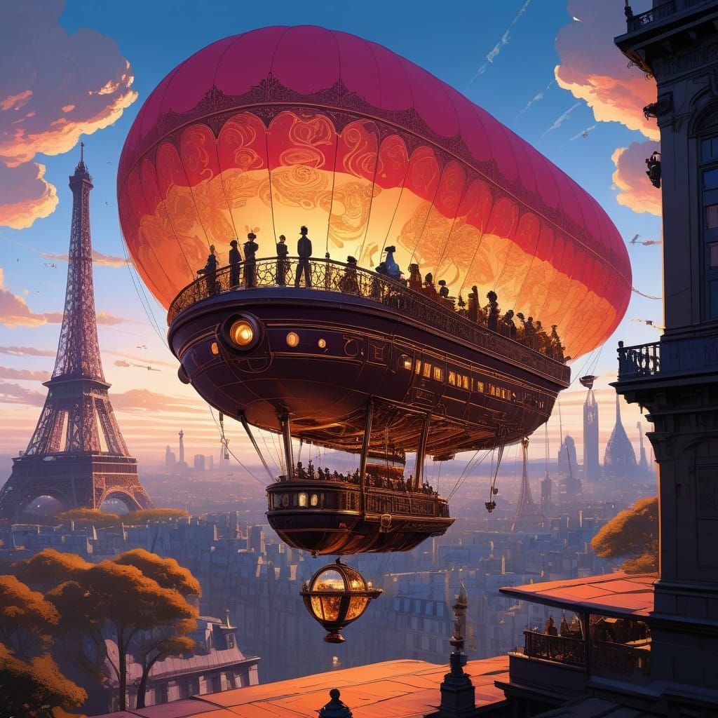Elegant Steampunk Airship Sails Over Eiffel Tower At Sunset